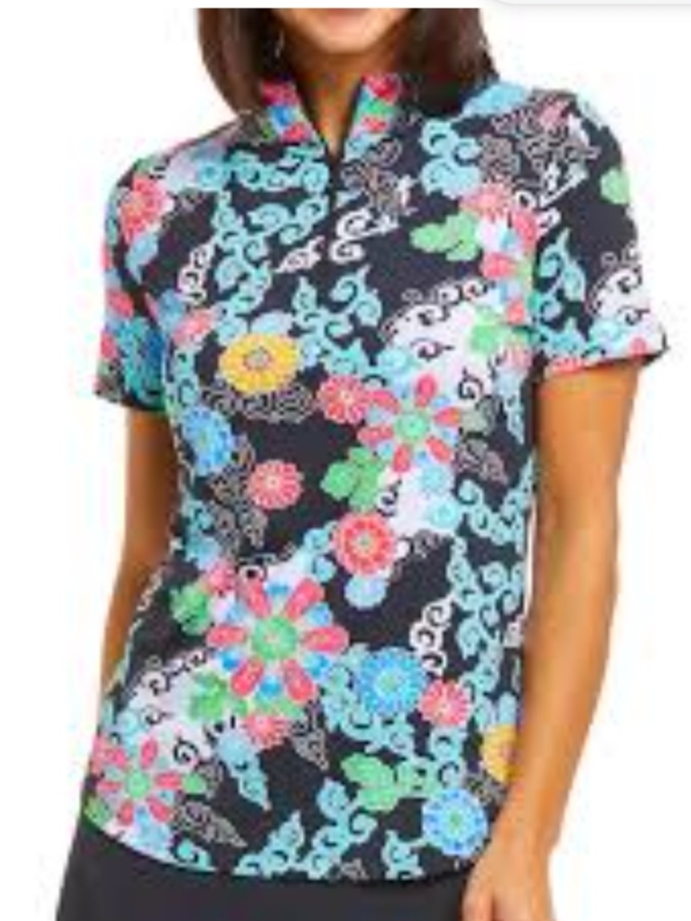 IBKUL Activewear UPF 50 Black Floral Mandarin-Collar Short Sleeve Tennis Top